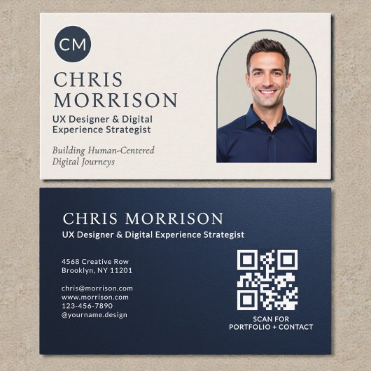 Navy Blue Professional QR Code Photo Metallic Visitenkarte