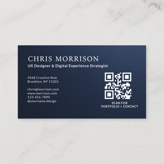 Navy Blue Professional QR Code Photo Metallic Visitenkarte (Rückseite)