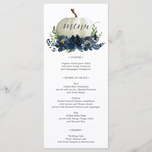 Navy Blue Pumpkin Hochzeit im Herbst Menu oder Dus Menükarte (Vorderseite)