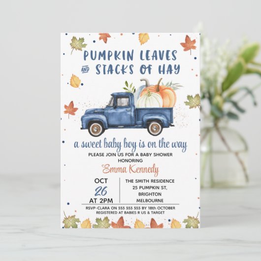 Navy Blue Pumpkin Truck Fall Baby Dusche Einladung (Stehend Vorderseite)