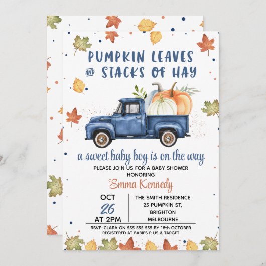 Navy Blue Pumpkin Truck Fall Baby Dusche Einladung (Vorne/Hinten)