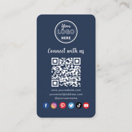 Navy Blue QR Code Connect With Us Social Media Visitenkarte (Vorderseite)
