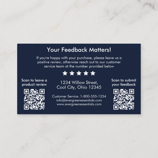 Navy Blue QR Code Feedback Request Insert Card Visitenkarte (Rückseite)