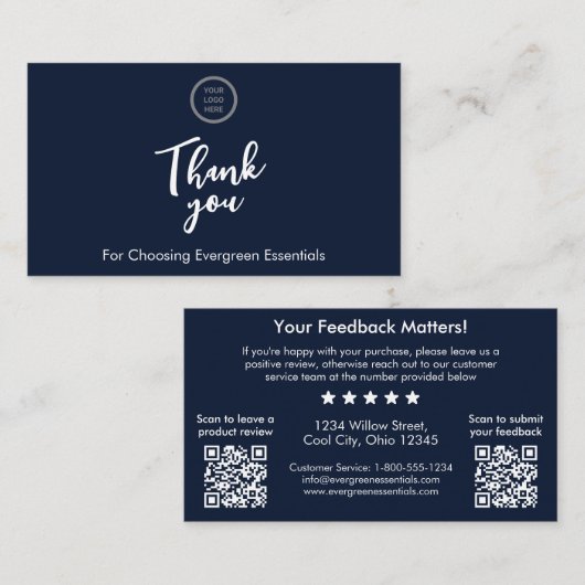 Navy Blue QR Code Feedback Request Insert Card Visitenkarte (Vorne/Hinten)