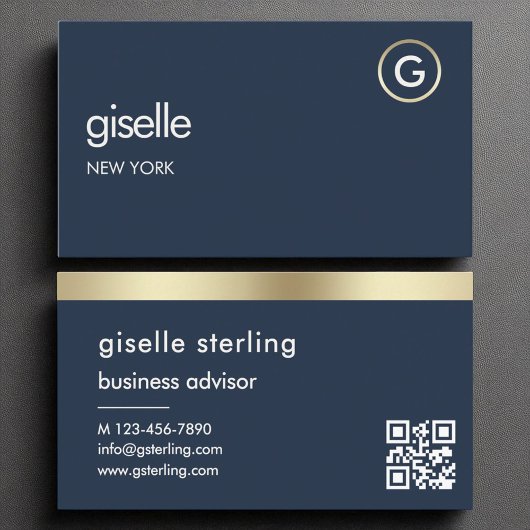 Navy Blue QR Code Imitats Gold Foil Monogram Visitenkarte