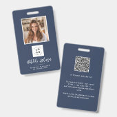 Navy Blue QR Code Modernstes minimales Foto abstra Ausweis (Vorder- & Rückseite)