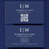 Navy Blue QR Code Monogram Minimalistisch Visitenkarte