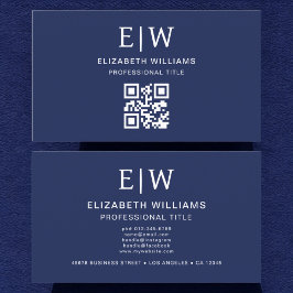 Navy Blue QR Code Monogram Minimalistisch Visitenkarte