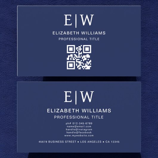 Navy Blue QR Code Monogram Minimalistisch Visitenkarte