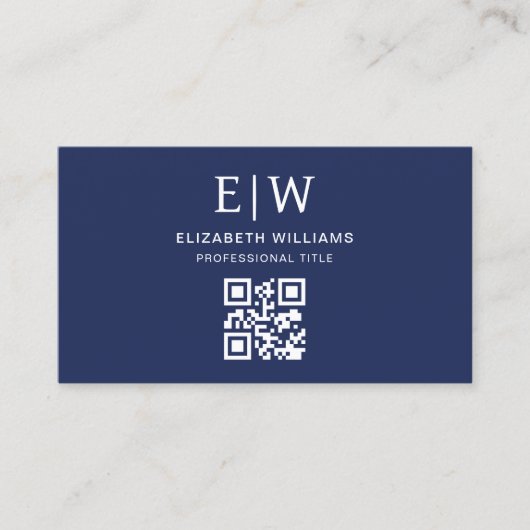 Navy Blue QR Code Monogram Minimalistisch Visitenkarte (Vorderseite)