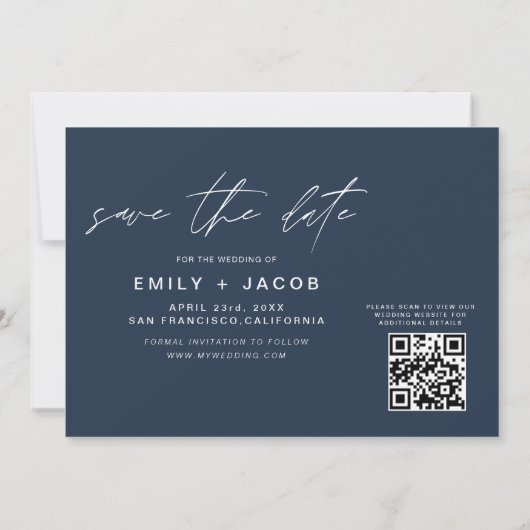 Navy Blue QR Code Save the Date 3 Foto Elegant (Rückseite)
