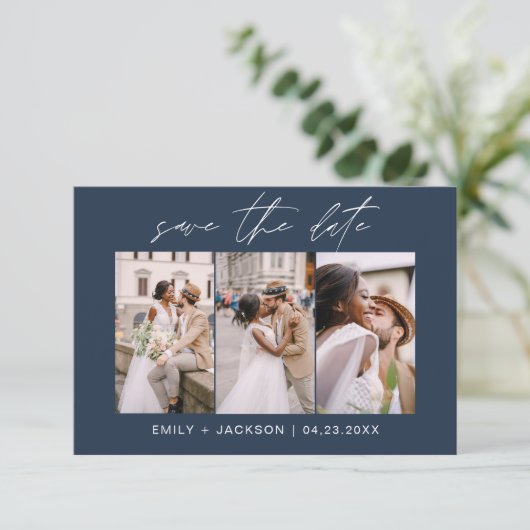 Navy Blue QR Code Save the Date Modernes 3 Foto (Stehend Vorderseite)