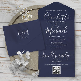 Navy-Blue QR-Code Schrift Minimalistische Hochzeit All In One Einladung