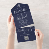 Navy Blue QR Code Script Anchor Nautical Wedding All In One Einladung (Abreißen)