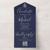 Navy Blue QR Code Script Anchor Nautical Wedding All In One Einladung (Innen Boden)