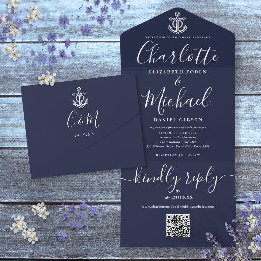 Navy Blue QR Code Script Anchor Nautical Wedding All In One Einladung