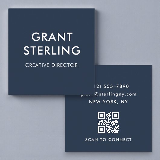 Navy Blue QR Code Simple Minimal Typography  Quadratische Visitenkarte