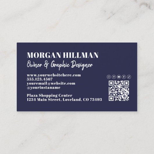 Navy Blue QR Code Simple Monogram Visitenkarte (Rückseite)