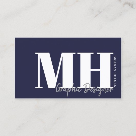 Navy Blue QR Code Simple Monogram Visitenkarte (Vorderseite)