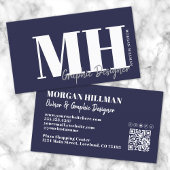 Navy Blue QR Code Simple Monogram Visitenkarte