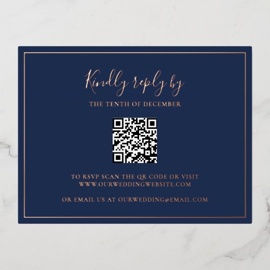 Navy Blue QR Code Wedding Foil RSVP Card Folie Einladungspostkarte (Vorderseite)
