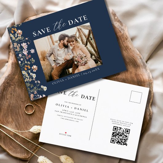 Navy Blue QR Code Wildblume Floral Wedding Ankündigungspostkarte