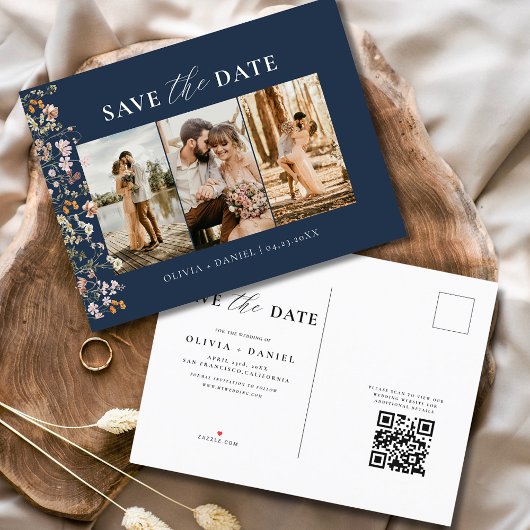 Navy Blue QR Code Wildblume Floral Wedding Ankündigungspostkarte