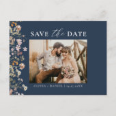 Navy Blue QR Code Wildblume Floral Wedding Ankündigungspostkarte (Vorderseite)