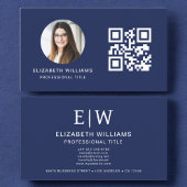 Navy Blue QR Foto Monogram Minimalistisch Visitenkarte