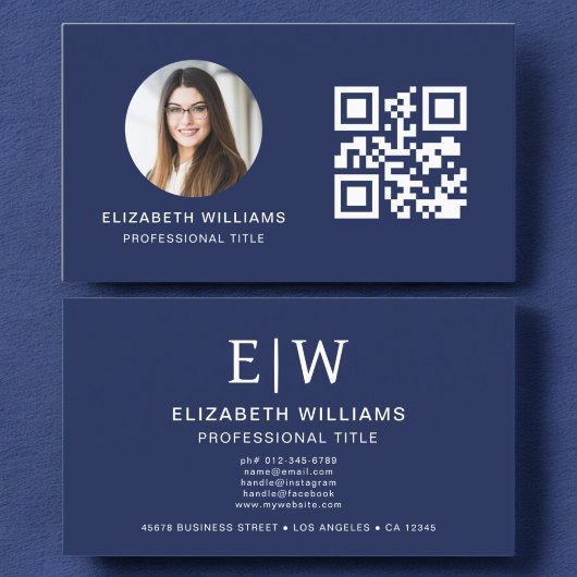 Navy Blue QR Foto Monogram Minimalistisch Visitenkarte