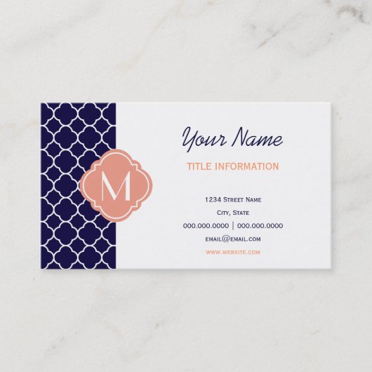 Navy Blue Quatrefoil Pattern mit Monogramm Visitenkarte (Vorderseite)