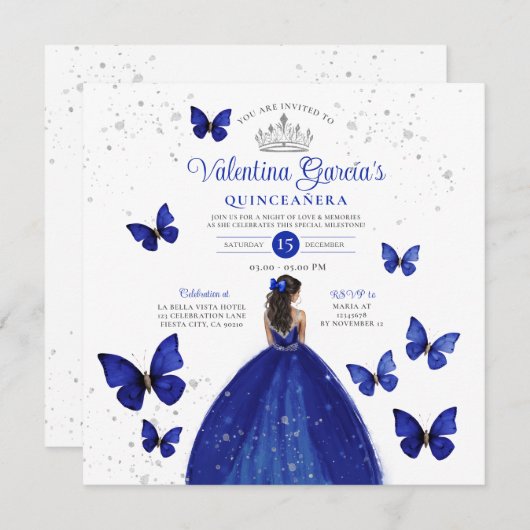 Navy Blue Quinceañera 15 Anos Butterfly Silver in Einladung (Vorne/Hinten)