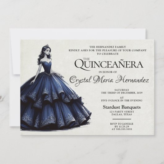 Navy Blue Quinceañera Einladung (Vorderseite)