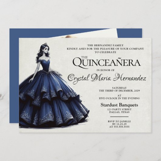Navy Blue Quinceañera Einladung (Vorne/Hinten)