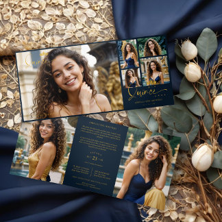 "Navy Blue Quinceañera Invitations" "Trendy Quince Dreifach Gefaltete Einladung