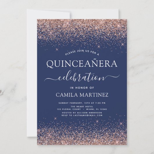 Navy Blue Quinceanera Rose Gold Blank Rosa Einladung (Vorderseite)