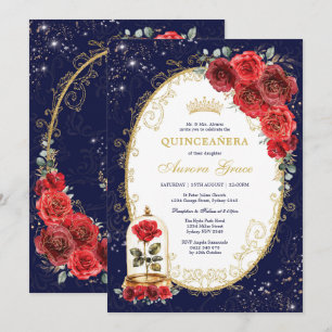 Navy Blue Quinceañera Verzauberte Rote Rosen Party Einladung