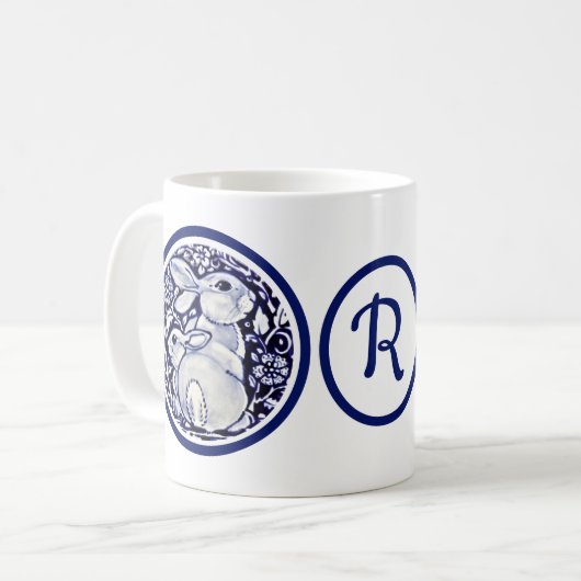 Navy Blue Rabbit Baby Bunny Floral Monogram Kaffeetasse (Vorderseite Links)