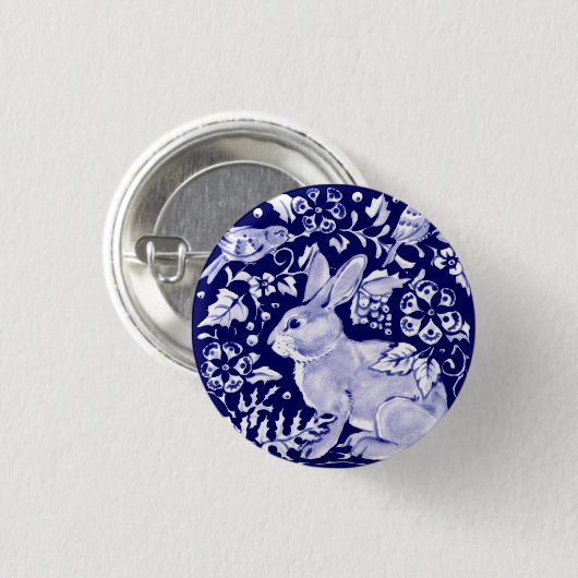 Navy Blue Rabbit Bunny Bird Floral Dedham Delft Button (Vorne & Hinten)