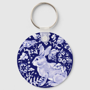 Navy Blue Rabbit Bunny Bird Floral Dedham Delft Schlüsselanhänger