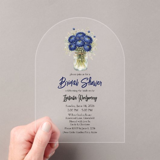 Navy Blue Ranunculus Mason Jar Bridal Shower Acryleinladungen (Insitu (Handheld))