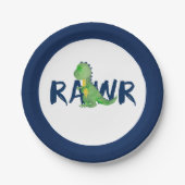 Navy Blue "RAWR" Grünes Dinosaurier-Party Pappteller (Vorderseite)