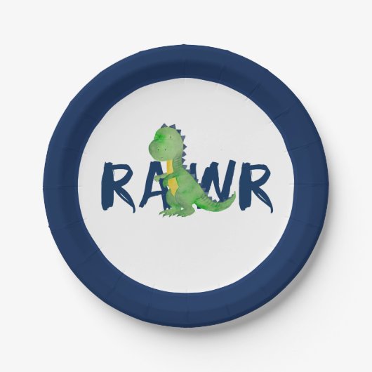 Navy Blue "RAWR" Grünes Dinosaurier-Party Pappteller (Vorderseite)