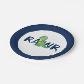 Navy Blue "RAWR" Grünes Dinosaurier-Party Pappteller (Schrägansicht)