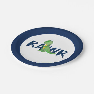 Navy Blue "RAWR" Grünes Dinosaurier-Party Pappteller