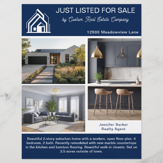 Navy Blue Real Estate Home Listing 2 Sided Modern Flyer (Vorne)