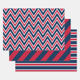 Navy Blue, Red, and White Chevron & Stripe Pattern Geschenkpapier Set