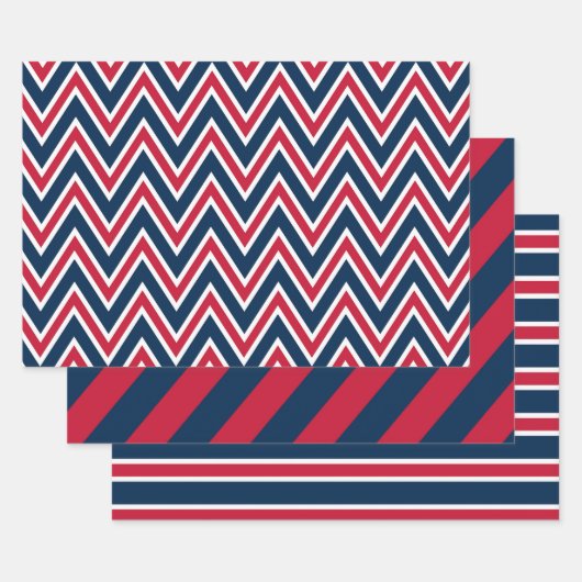 Navy Blue, Red, and White Chevron & Stripe Pattern Geschenkpapier Set (Set)