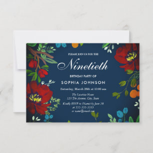 Navy Blue Red Colorful Blume 90. Geburtstag Einladung