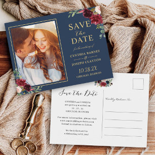 Navy Blue Red Floral Foto Save the Date Postkarte